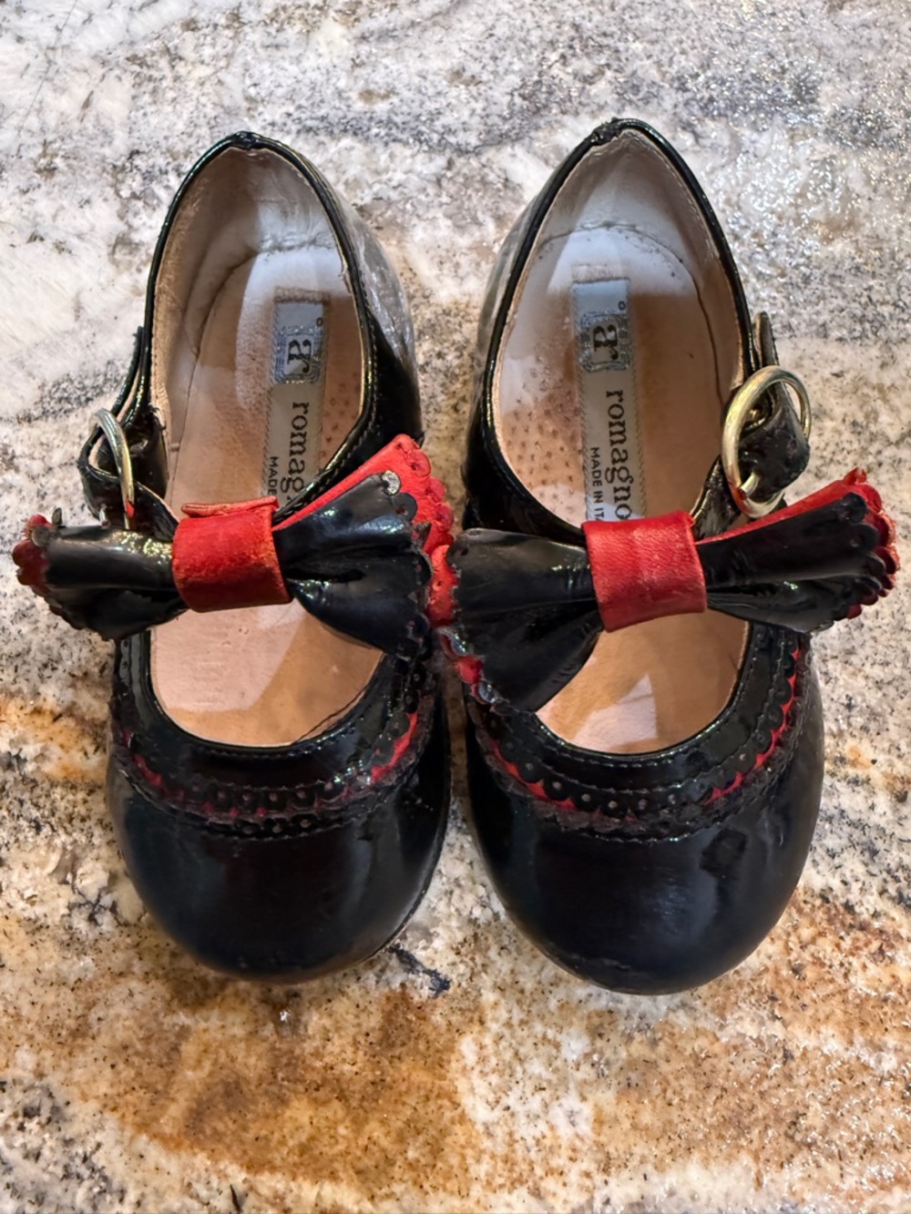 Romagnoli Girls Black Patent Mary Janes with Red Bow Accent, made in Italy